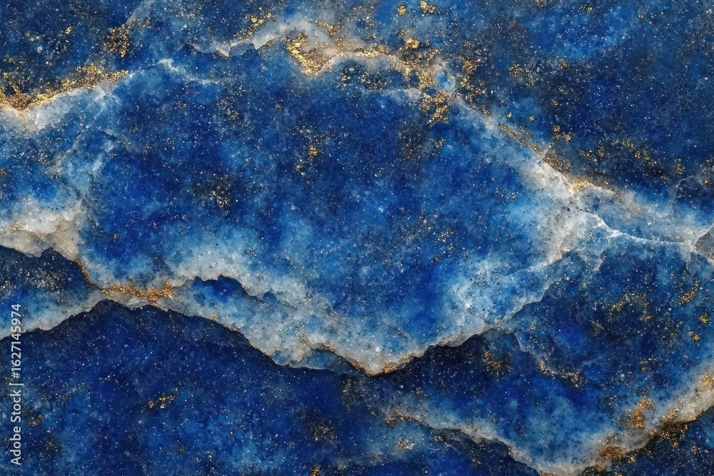Obraz premium Close-up of deep blue and white mineral stone with natural gold flecks and textured crystalline layers creating a rich and vibrant pattern