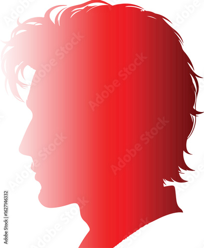 This is a profile silhouette of a person with reddish-pink hair styled in a slightly tousled manner, rendered in a gradient of red hues, fading from light pink to deep red.