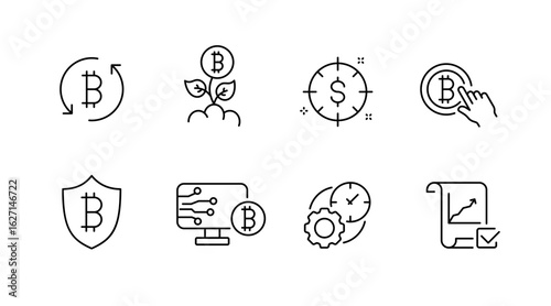Cryptocurrency and finance outline icons set – linear, digital currency symbols