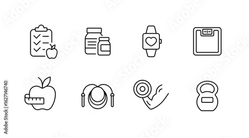 Health and fitness line icons set – sleek, outline, wellness symbols for training