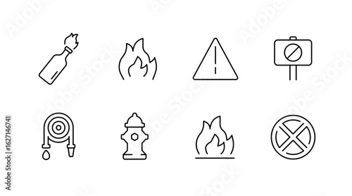 Fire safety line icons set – outline, firefighting, emergency symbols and alerts