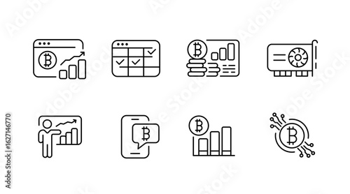 Cryptocurrency and finance outline icons set – linear, blockchain, digital currency symbols