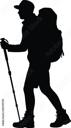 Hiker with backpack and trekking pole walking outdoor