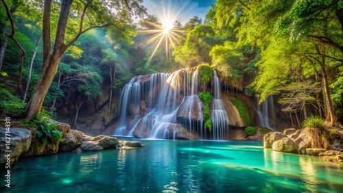 The natural beauty of a cascading waterfall in a tropical forest with lush green trees and flowing water