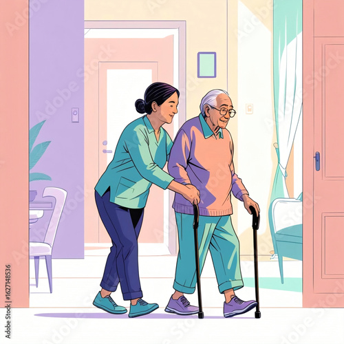 Elderly Caregiver Helping Senior Walk at Home