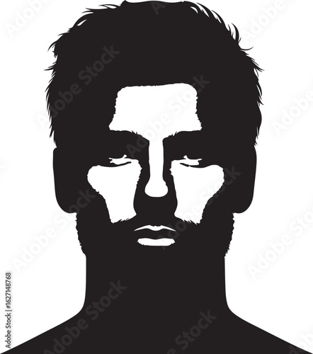 This image is a black and white silhouette of a man's head and shoulders, showcasing his tousled hair and a neatly trimmed beard, with his eyes closed, suggesting a calm or contemplative mood.