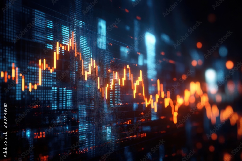 Obraz premium Glowing orange financial chart with fluctuating data points displayed on a digital blue background symbolizing market trends