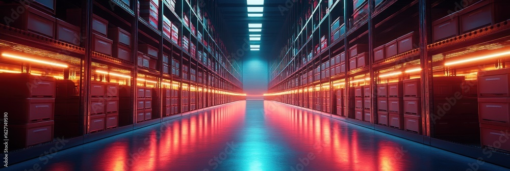 Fototapeta premium Futuristic corridor inside a large high-tech storage or data center with rows of glowing red-lit server racks reflecting on shiny floor under bright ceiling lights