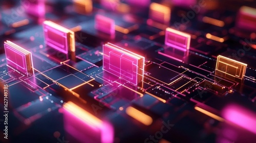 Futuristic digital circuit board with glowing pink and orange translucent rectangular panels emitting neon light and intricate connection pathways