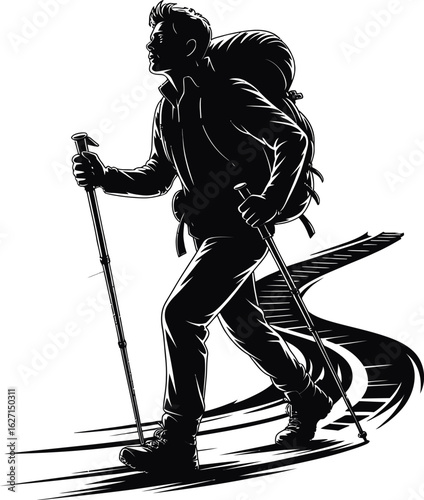 Silhouette of hiker with trekking poles and backpack