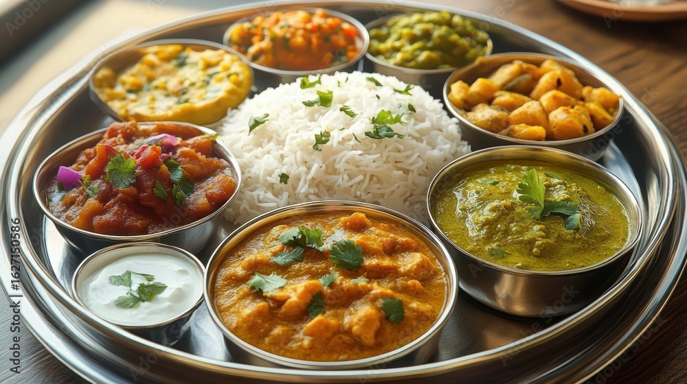 Traditional Indian meal served on a round metal tray featuring white rice, various vegetable curries, lentils, yogurt, and garnished with fresh cilantro Traditional Indian meal served on a round metal tray featuring white rice, various vegetable curries, lentils, yogurt, and garnished with fresh cilantro
