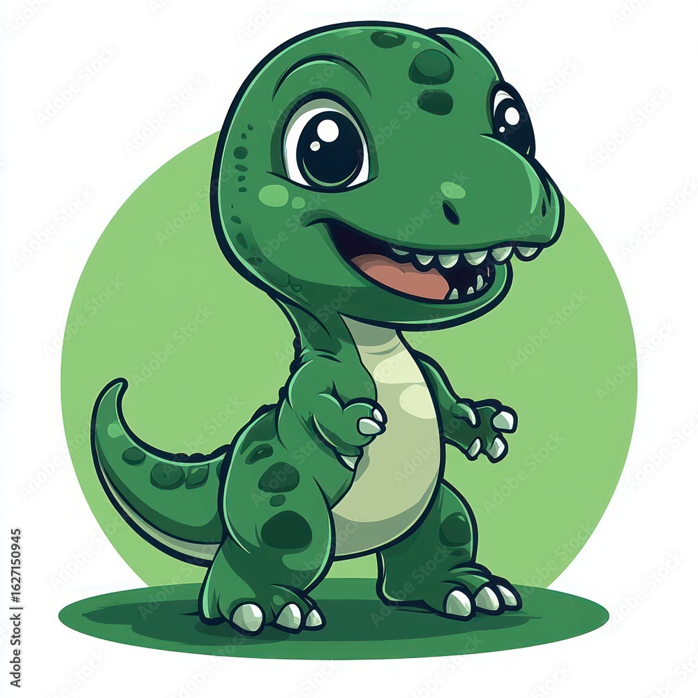 Naklejka premium cute happy small green baby dinosaur with big eyes smiling joyfully standing on two legs with a round green background