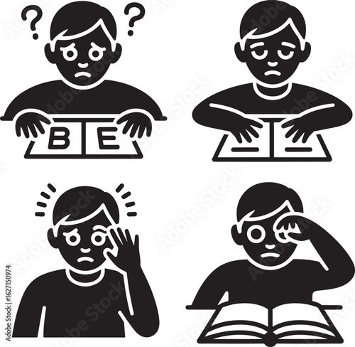 Four black silhouette icons depicting a child struggling with reading and learning showing confusion frustration and distress silhouette