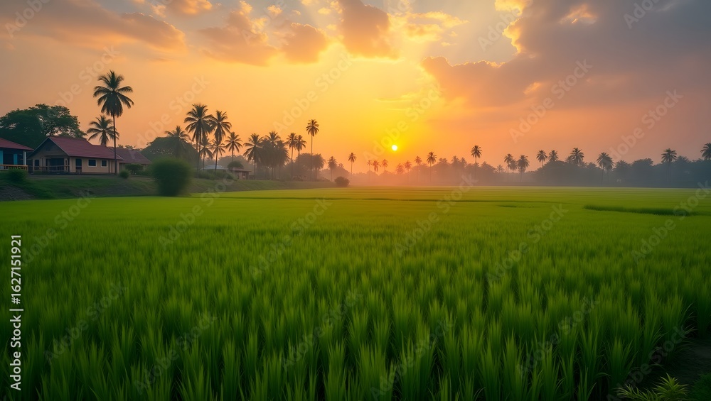 Obraz premium Golden Sunset Over Lush Rice Paddy Field, Tranquil Asian Village Landscape at Dusk, Warm Light Illuminating Green Basmati Farm, Serene Countryside Paddy Field and Palm Trees at Sunset