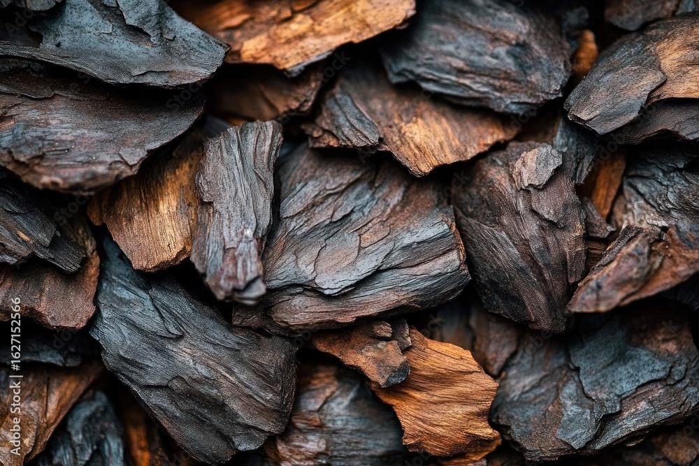 Close-up detail of dark brown and black textured bark pieces layered together, showcasing natural rough surfaces and rich earthy tones Close-up detail of dark brown and black textured bark pieces layered together, showcasing natural rough surfaces and rich earthy tones