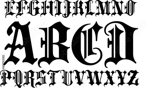 A complete uppercase gothic blackletter alphabet from A to Z, featuring a bold and intricate medieval style. Perfect for tattoo design, gothic posters, rock band logos,calligraphy, and vintage artwork