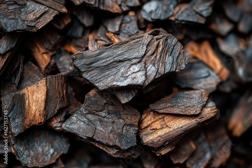 Close-up view of irregularly shaped dark charcoal pieces with woody texture in natural shades of black and brown, conveying a rustic and earthy feeling