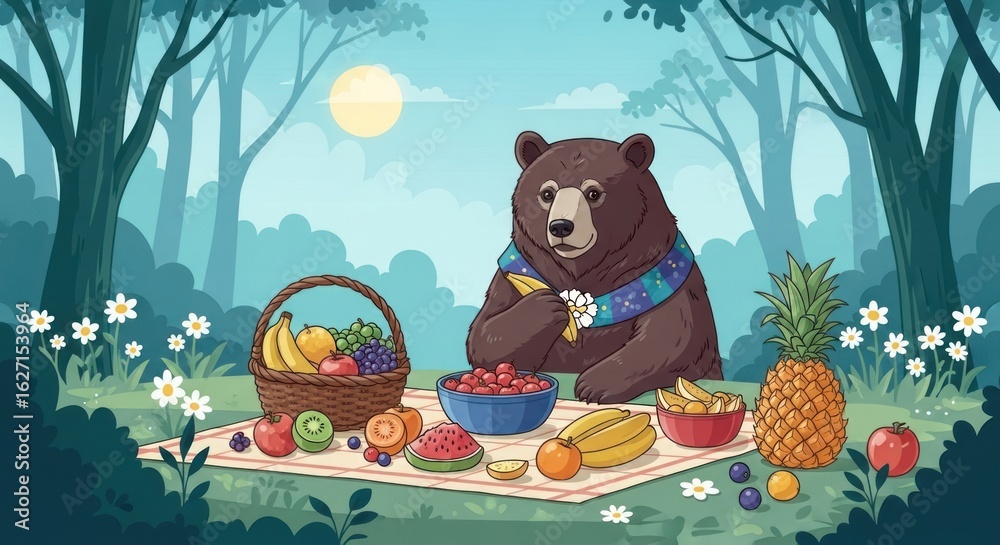 Naklejka premium A cartoon bear with a scarf enjoying a picnic with fruit in a forest under a sunny sky illustration