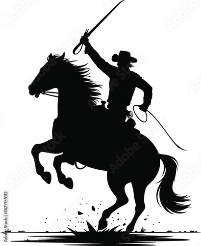 Cowboy on rearing horse with lasso whip