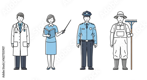 Diverse occupations and essential workers concept. Line art illustration of a doctor, teacher, police officer, and farmer on a white background.