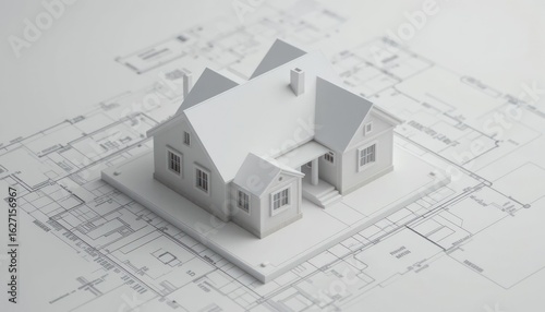 Architectural House Model on Blueprint
