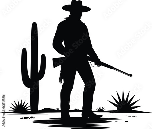 Cowboy holding rifle in desert with cactus silhouette