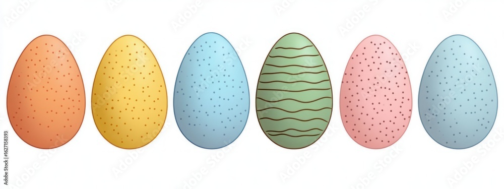 Fototapeta premium Row of six colorful speckled and striped Easter eggs in orange, yellow, blue, green, and pink shades on a white background