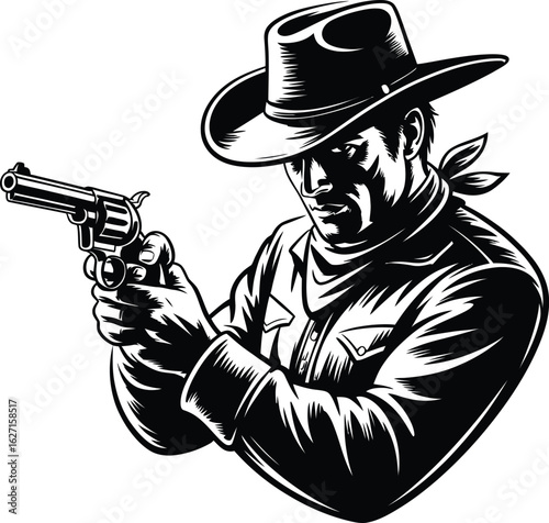Cowboy aiming revolver bandana shirt