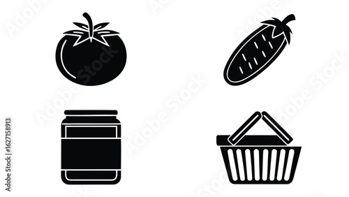 Tomato cucumber jar shopping basket icons food