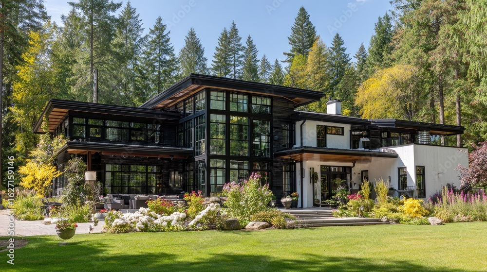 Modern black and white home nestled amidst lush trees. Modern black and white home nestled amidst lush trees.
