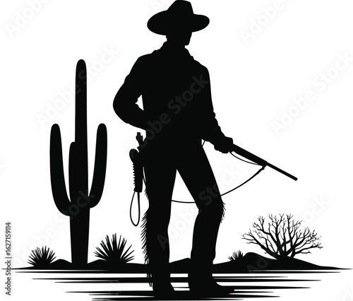 Cowboy holding rifle in desert landscape cactus silhouette