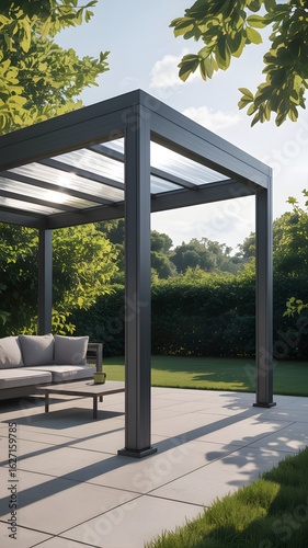 A patio with a couch and a table