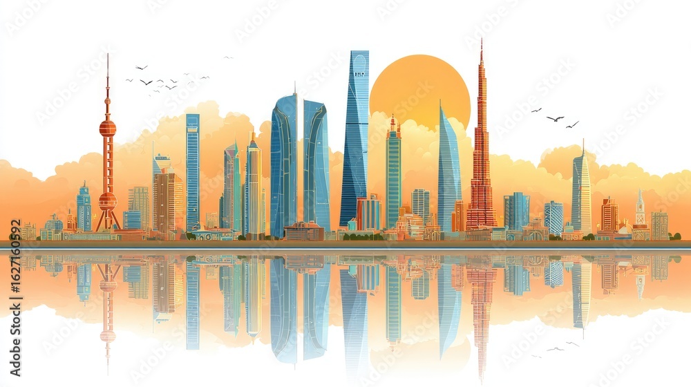 Obraz premium Colorful cityscape skyline with reflections on water at sunset.