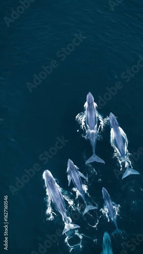 Aerial View of Whale Pod Swimming in Deep Blue Ocean