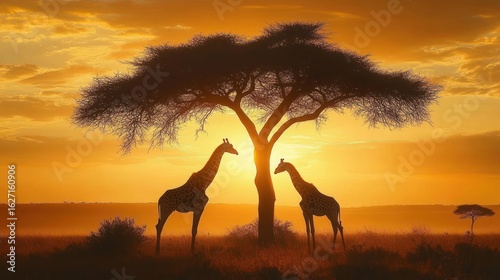 Two giraffes standing under a large acacia tree at sunset in a savannah with golden sky and distant trees