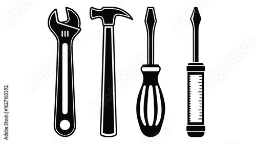 Adjustable wrench hammer and screwdrivers tools black and white