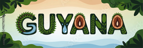 Guyana Nature Typography Illustration – Eco Green Jungle Leaves Water Tropical Forest Art, Environmental Design Banner
