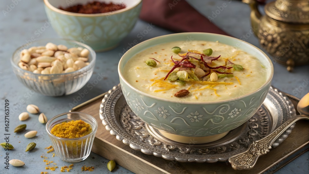 Creamy Indrayani Rice Kheer with Saffron & Pistachios, Traditional Indian Rice Pudding Garnished with Nuts, Sweet Delicacy Kheer in a Beautiful Ceramic Bowl, Exotic Dessert Indian Kheer with Saffron Creamy Indrayani Rice Kheer with Saffron & Pistachios, Traditional Indian Rice Pudding Garnished with Nuts, Sweet Delicacy Kheer in a Beautiful Ceramic Bowl, Exotic Dessert Indian Kheer with Saffron