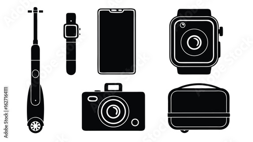 Black electronic devices and luggage scooter smartwatch