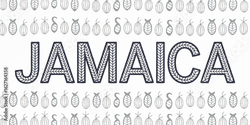 Stylish Jamaica Typography with Hand-Drawn Tropical Linear Patterns, Leaf Motifs, and Nautical Island Theme on White Background