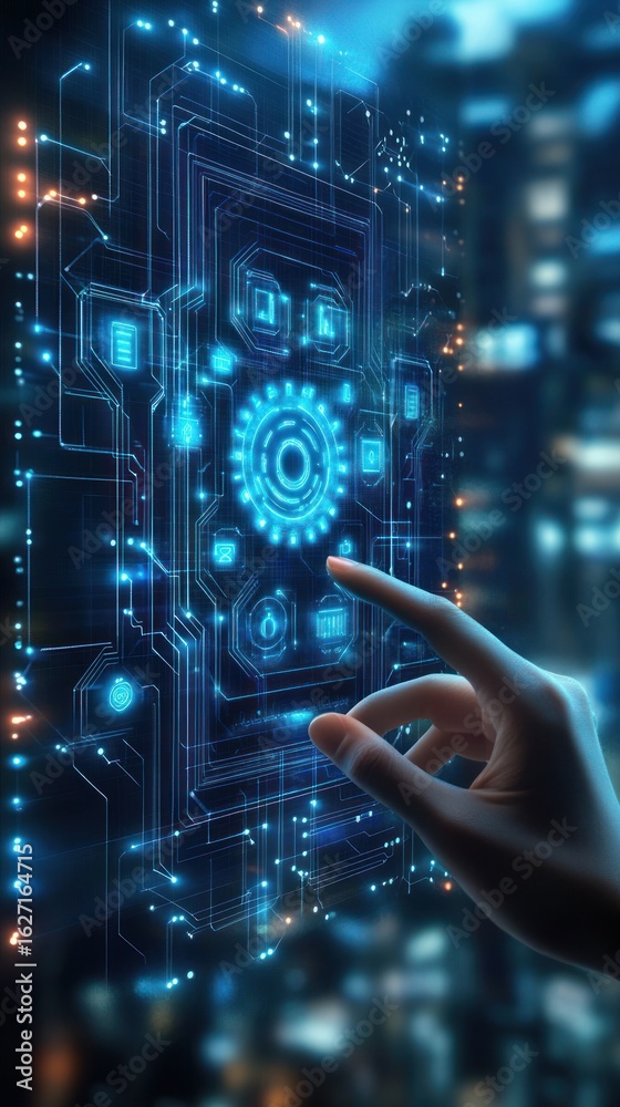 Fototapeta premium human hand interacting with futuristic digital interface displaying glowing blue circular and rectangular icons in a high-tech environment
