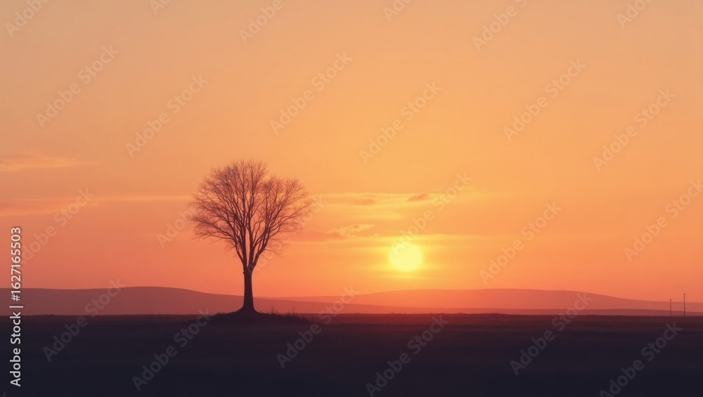 A lone tree stands against a vibrant orange sunset casting long shadows across a vast open field A lone tree stands against a vibrant orange sunset casting long shadows across a vast open field