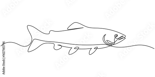 Salmon fish in one continuous line art drawing style vector illustration, Single line drawing of a leaping salmon, aquatic elegance, Fresh salmon fish in continuous line art drawing, Monoline Fishing 
