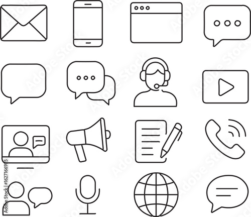 Vector icons depicting various communication tools, messaging and customer support concepts
