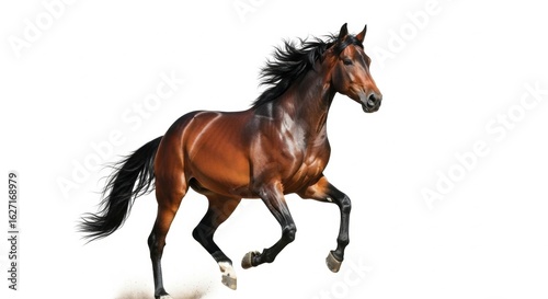 Majestic bay horse in full stride with flowing mane and tail, captured mid-air against a clean white background.