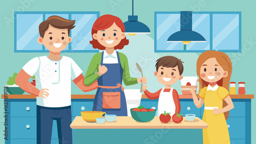 Vector illustration of a happy cartoon family cooking together in a modern kitchen. Includes father, mother, daughter, and son in colorful flat style. Ideal for parenting content, family apps, adverti
