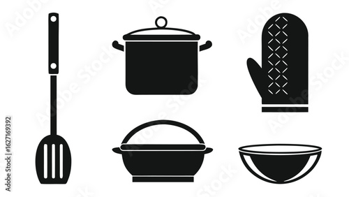 Kitchen utensils including pot spatula and oven mitt