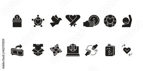 Charity and social welfare icon set collection for giving, nonprofit organizations, volunteering, donation, community support, humanitarian aid, and global relief