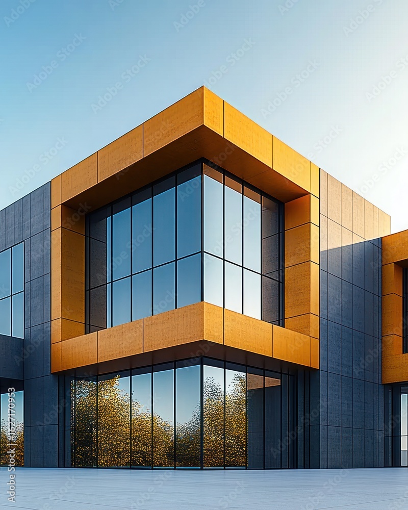 Fototapeta premium modern building corner with large reflective glass windows framed by geometric yellow structural elements under clear blue sky