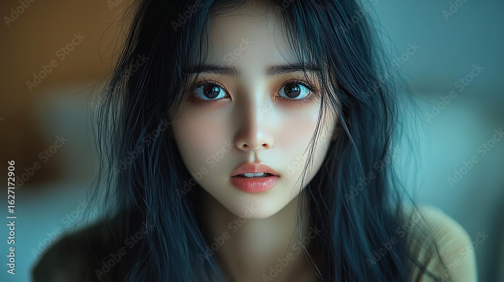 Close-up portrait of a young woman with long dark hair and large expressive eyes looking directly with a calm and contemplative expression Close-up portrait of a young woman with long dark hair and large expressive eyes looking directly with a calm and contemplative expression